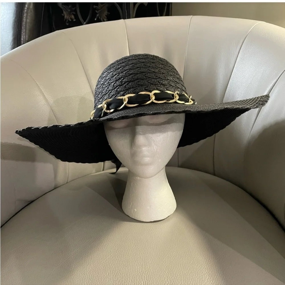 Marcus Adler New York black floppy hat with gold chain and sheer scarf accent